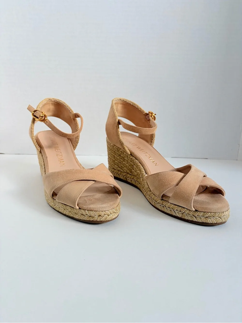 Stuart Weitzman Espadrille Wedge Sandals Platform Suede Raffia Tan Beige Size 9 - Picture 3 of 14